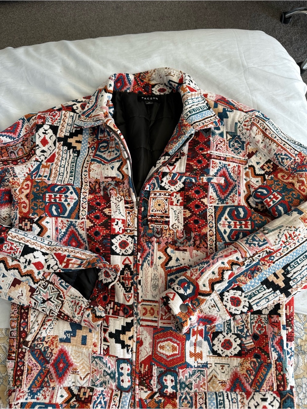 PacSun Multicolor Geometric Bomber Jacket - Red, Blue, Cream, Black, Tan